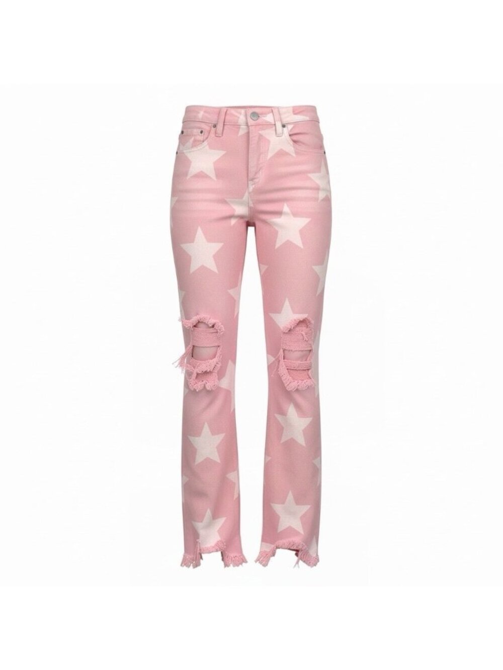 RISEN High Rise Straight Crop Jeans Size 1/25 Pink Stars Raw Frayed Hems RDP5609